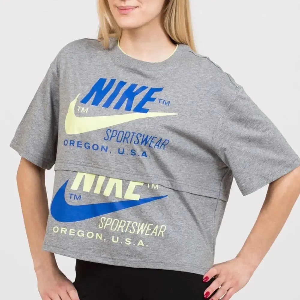Nike T-Shirt 1X Womens Gray Boxy Cropped Athleisure Cotton Logo Swoosh Graphic